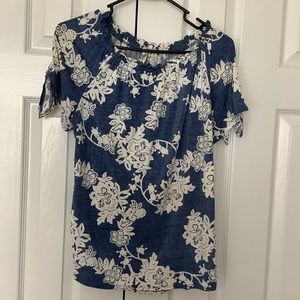 EUC PerSeption Concept Top Elastic Neckline Navy White Tie Sleeves S